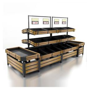 Metal Wooden Fruit and Vegetable Display Rack Stand for Supermarket